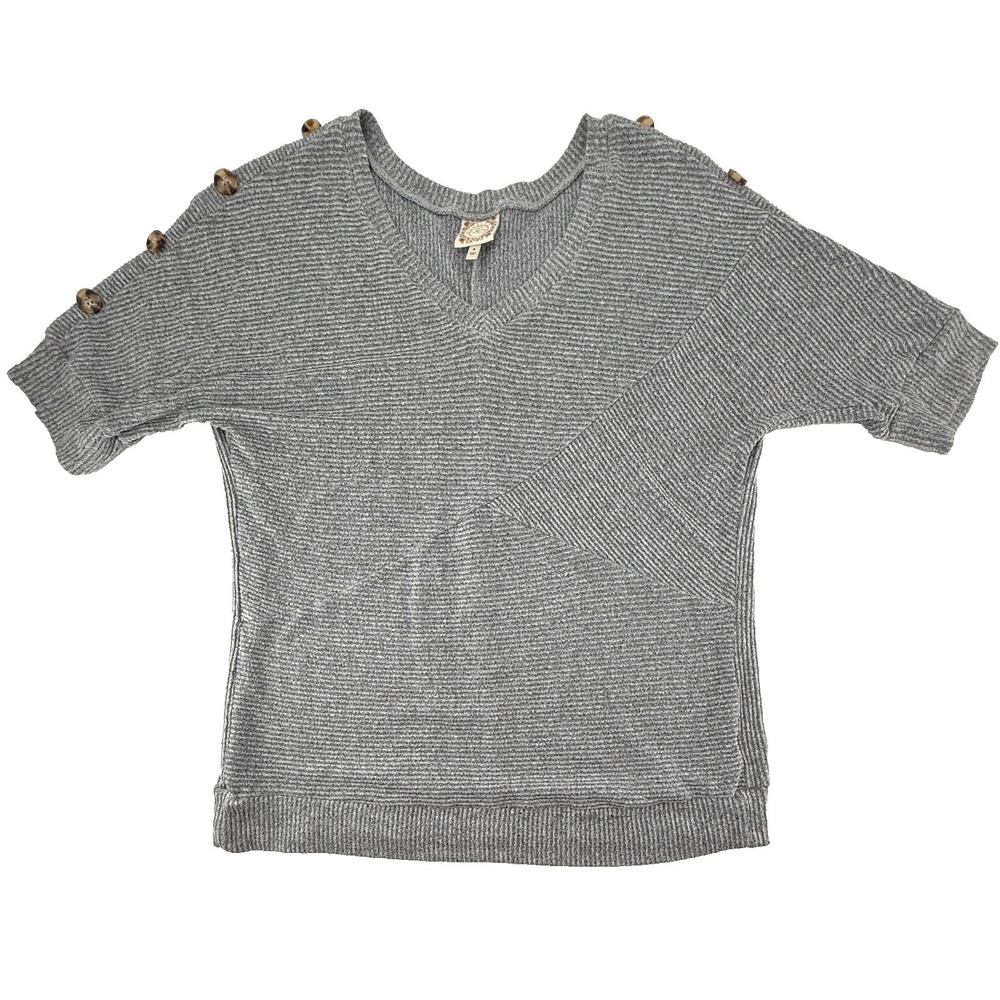 Lucky & Blessed Ribbed V-Neck Sweater Top Womens M Gray Button 3/4 Sleeve